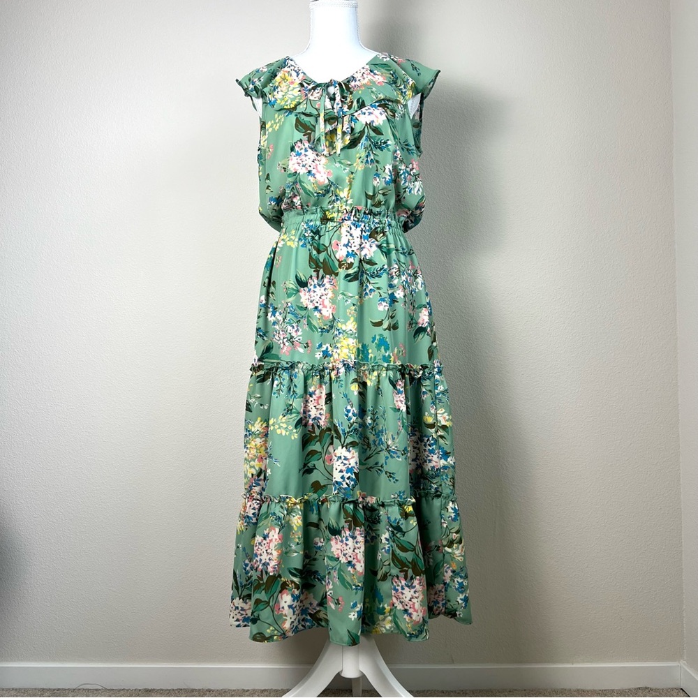 LC Lauren Conrad Floral Midi Dress Sage Green Ruffle Neck Tie Flowy Boho M